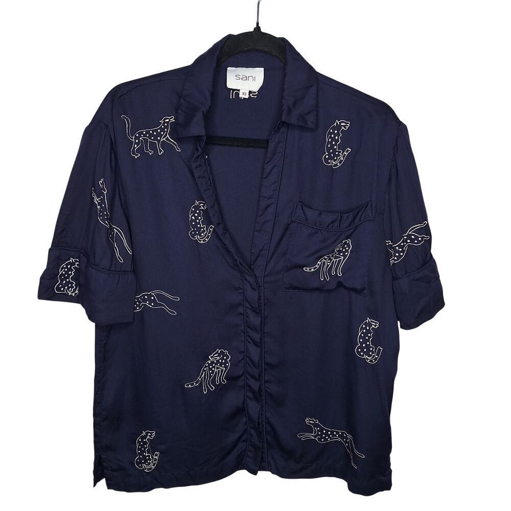 Sani Leopard Lounge Pajama Top Midnight Jubilee Navy Sz XS Embroidered